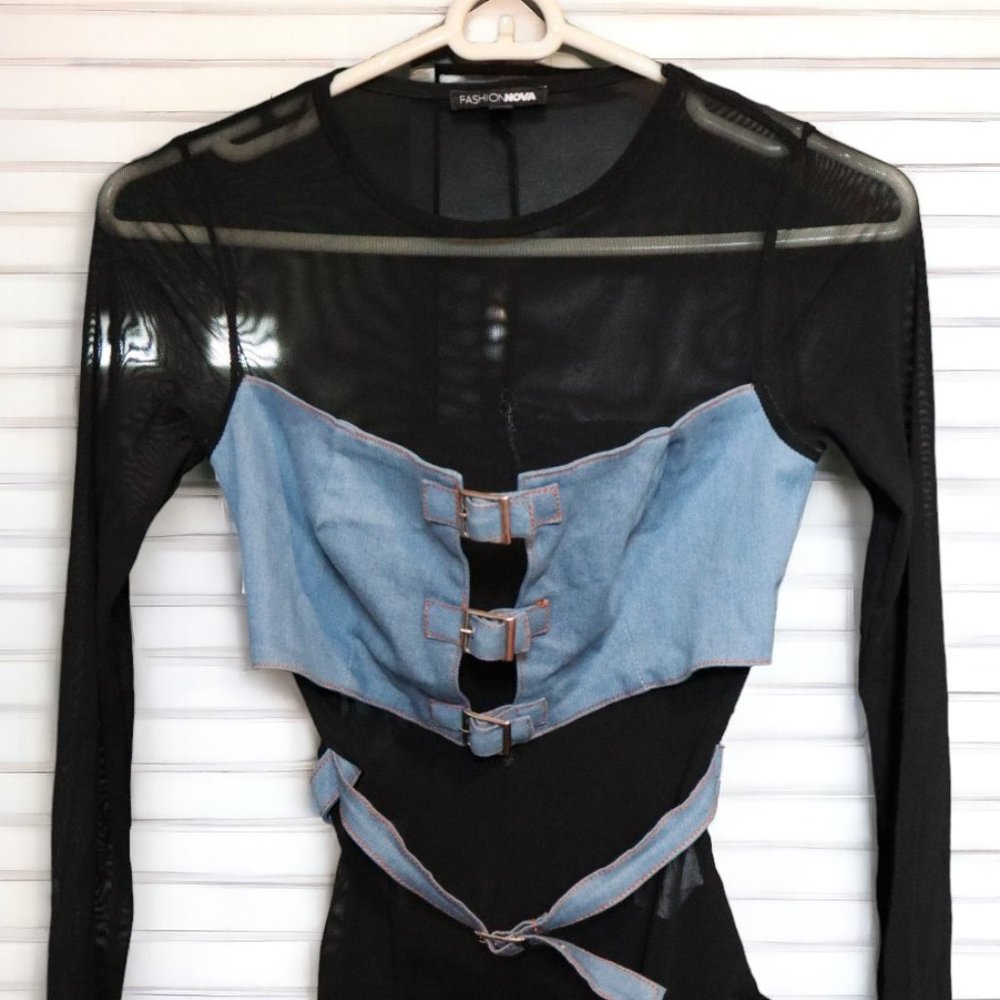 Fashion Nova Black Mesh/Denim Buckle Bodysuit Women's Size Small/Long Sleeve